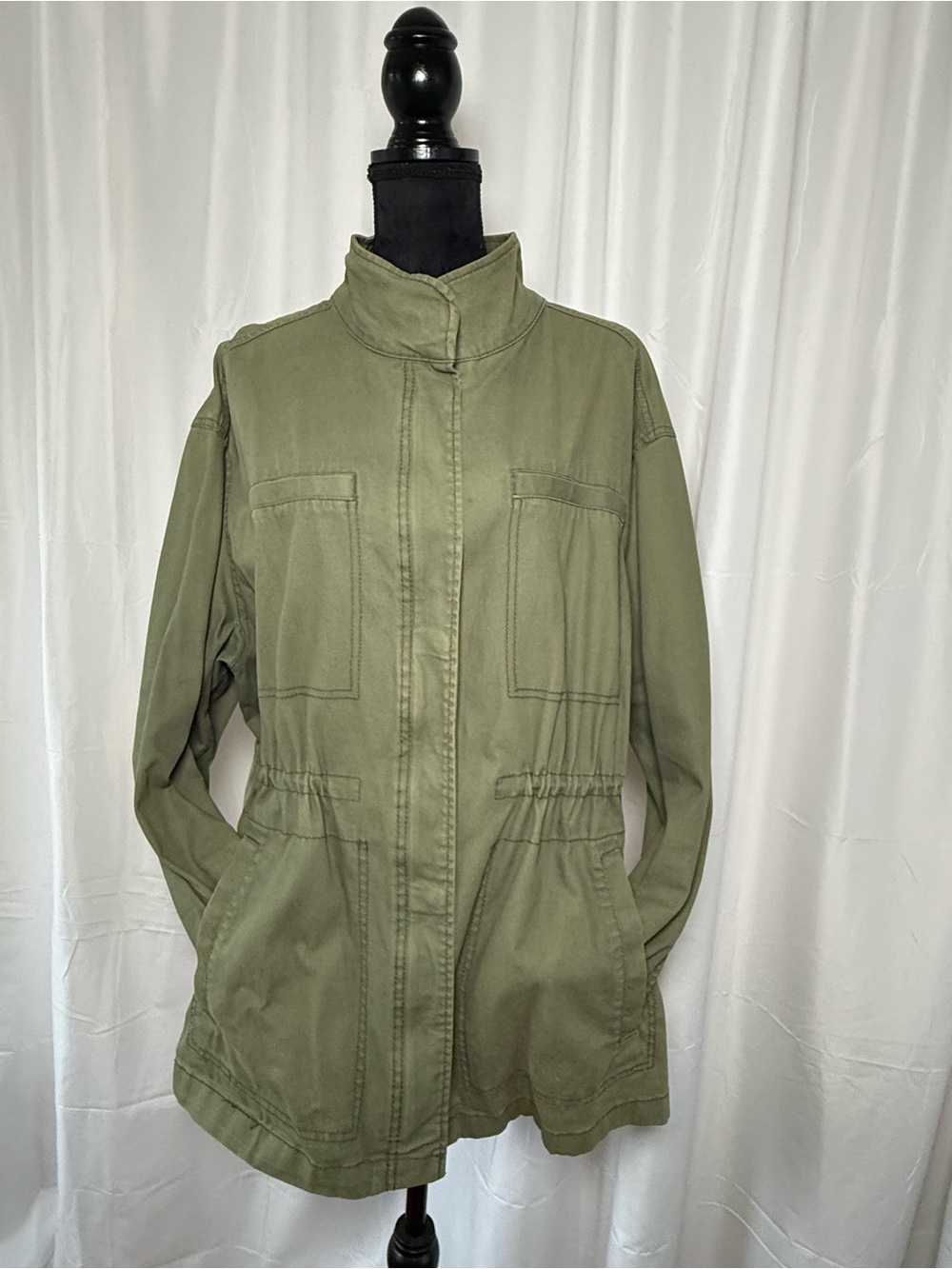 Old Navy Olive Green Utility Jacket Womens XXL Band Collar Cinched Waist Cotton